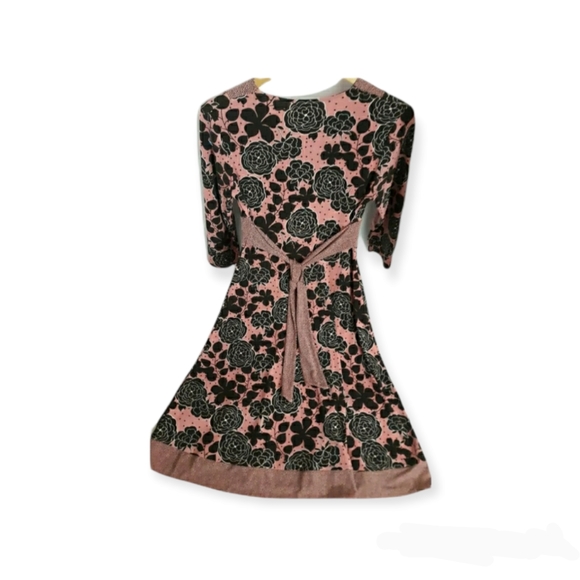 Womens small petite Floral fit & flair 3/4" sleeve Dress vneck tie back - Picture 5 of 6